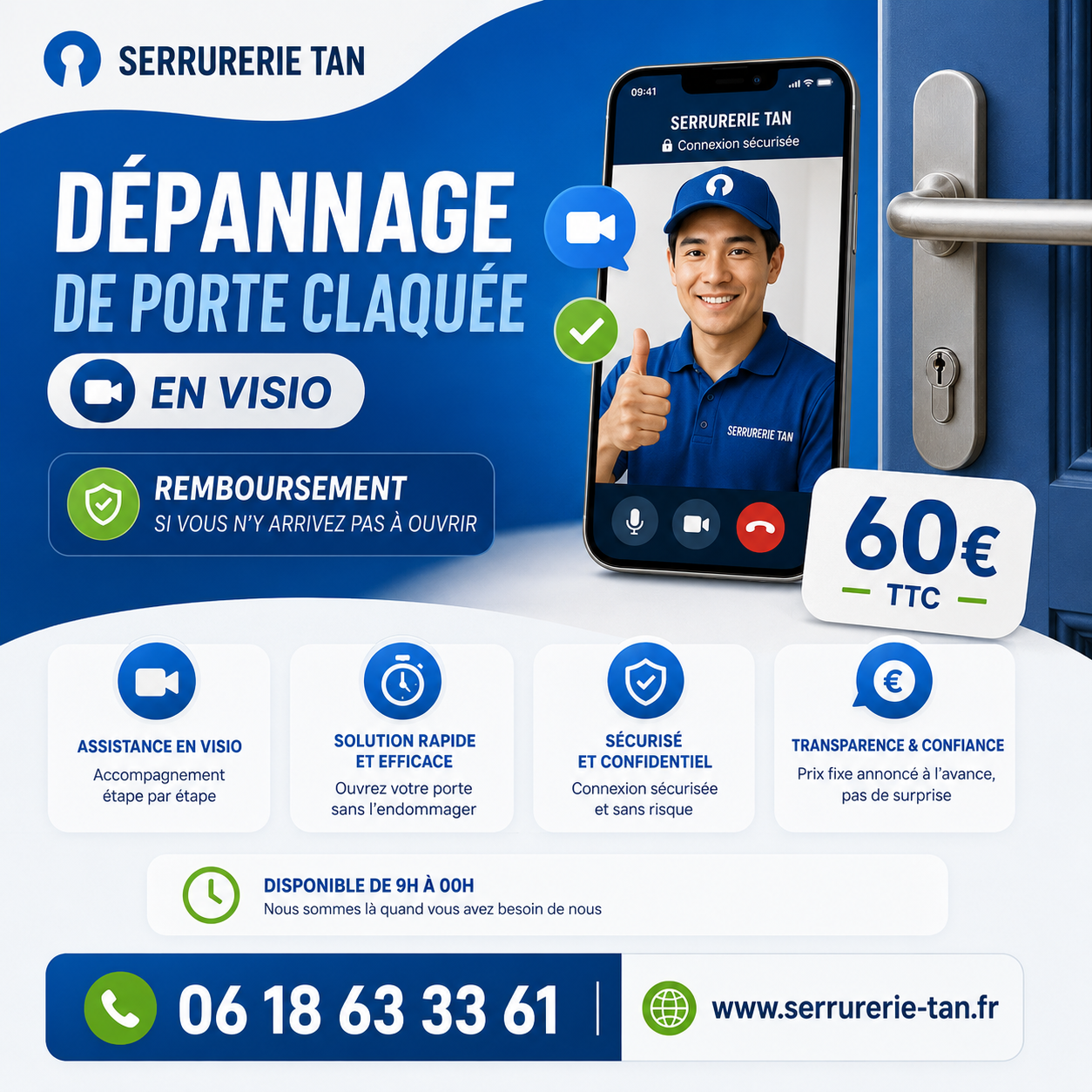 Dépannage de porte claquée en visio — 60 € TTC, remboursé si échec