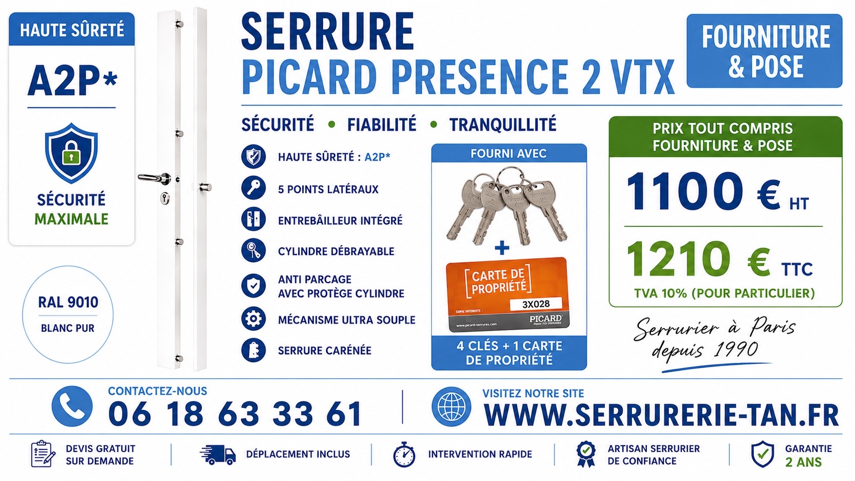 Serrure carénée Picard Présence 2 VTX Haute Sûreté A2P — Fourniture et pose Paris — Serrurerie TAN