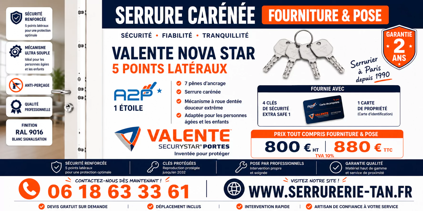 Serrure carénée Valente Nova Star 5 points latéraux A2P — Fourniture et pose Paris — Serrurerie TAN